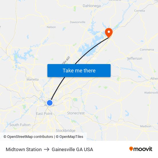 Midtown Station to Gainesville GA USA map