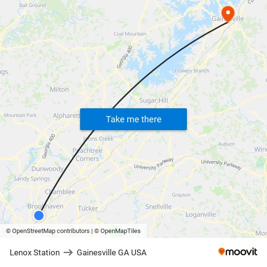 Lenox Station to Gainesville GA USA map