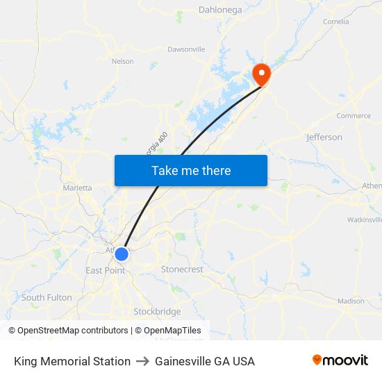 King Memorial Station to Gainesville GA USA map
