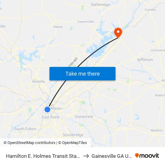 Hamilton E. Holmes Transit Station to Gainesville GA USA map