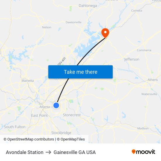 Avondale Station to Gainesville GA USA map