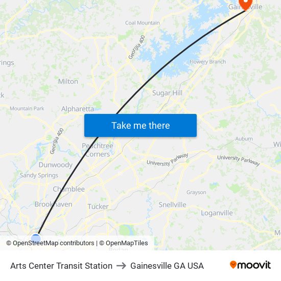 Arts Center Transit Station to Gainesville GA USA map