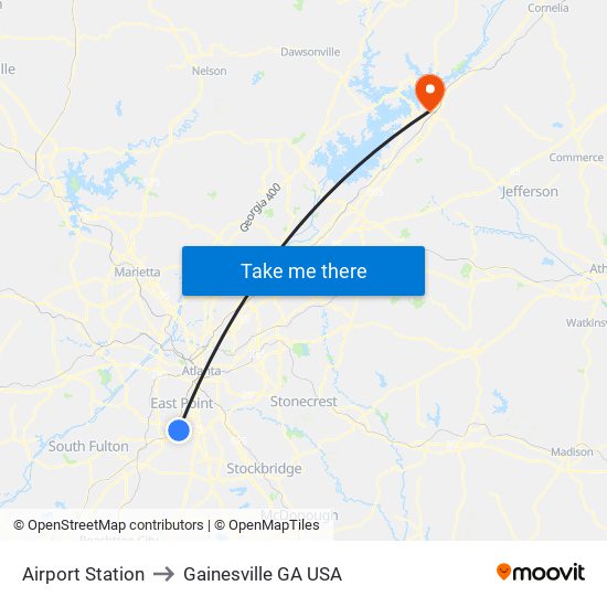 Airport Station to Gainesville GA USA map