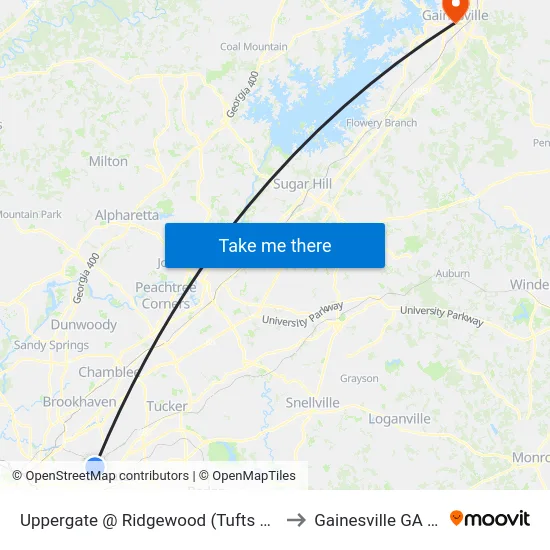 Uppergate @ Ridgewood (Tufts House) to Gainesville GA USA map