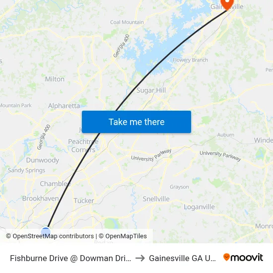 Fishburne Drive @ Dowman Drive to Gainesville GA USA map