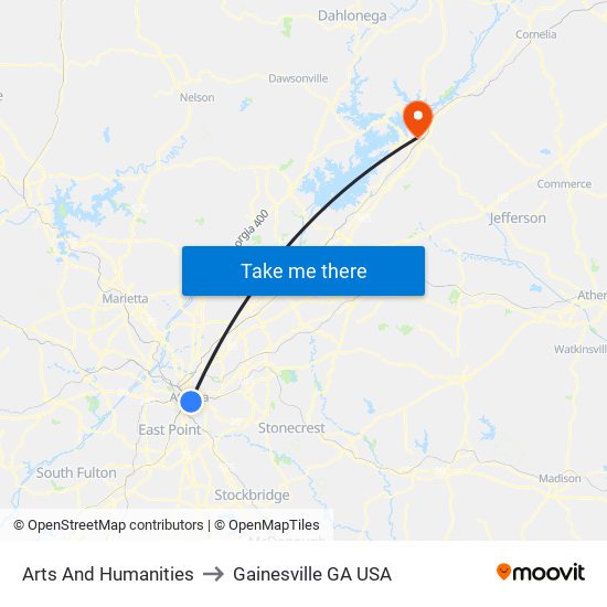 Arts And Humanities to Gainesville GA USA map