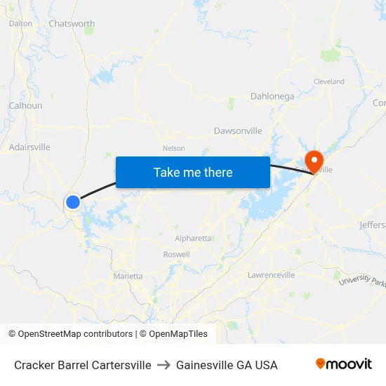 Cracker Barrel Cartersville to Gainesville GA USA map