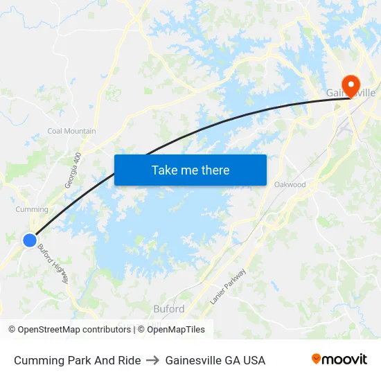 Cumming Park And Ride to Gainesville GA USA map