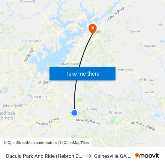 Dacula Park And Ride (Hebron Church) to Gainesville GA USA map
