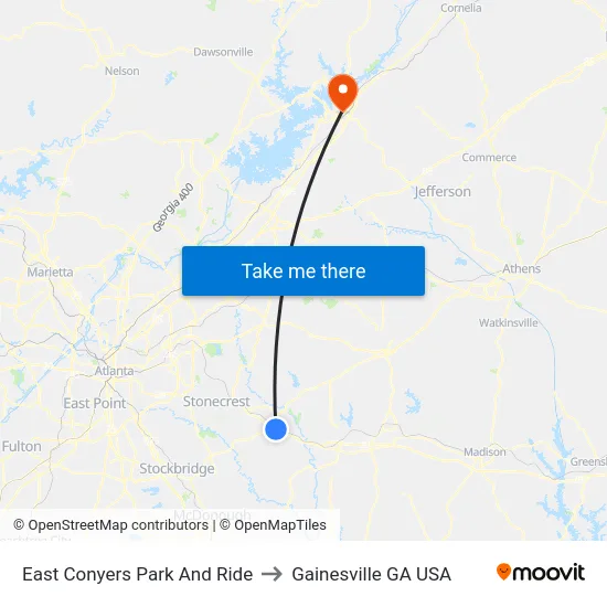 East Conyers Park And Ride to Gainesville GA USA map