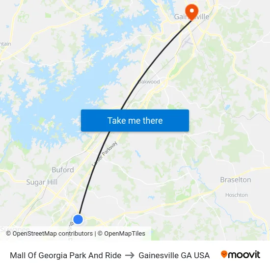 Mall Of Georgia Park And Ride to Gainesville GA USA map