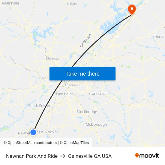 Newnan Park And Ride to Gainesville GA USA map