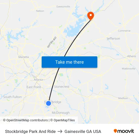 Stockbridge Park And Ride to Gainesville GA USA map
