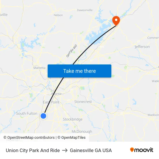 Union City Park And Ride to Gainesville GA USA map