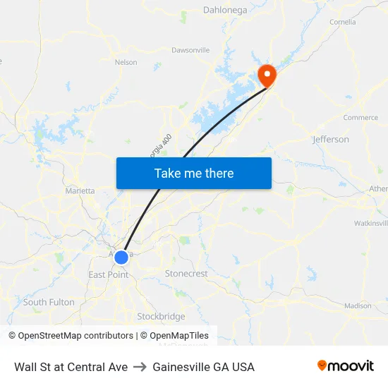 Wall St at Central Ave to Gainesville GA USA map