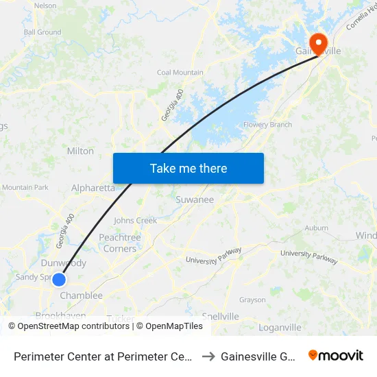 Perimeter Center at Perimeter Center Pkwy to Gainesville GA USA map