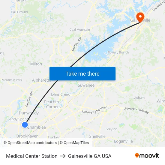 Medical Center Station to Gainesville GA USA map