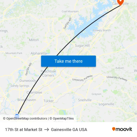 17th St at Market St to Gainesville GA USA map