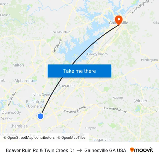 Beaver Ruin Rd & Twin Creek Dr to Gainesville GA USA map