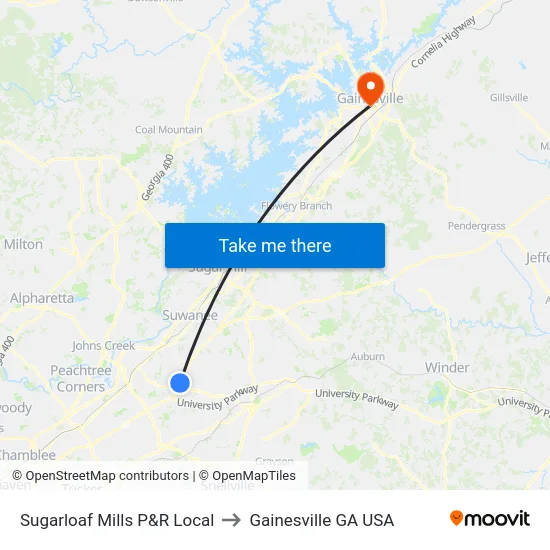 Sugarloaf Mills P&R Local to Gainesville GA USA map