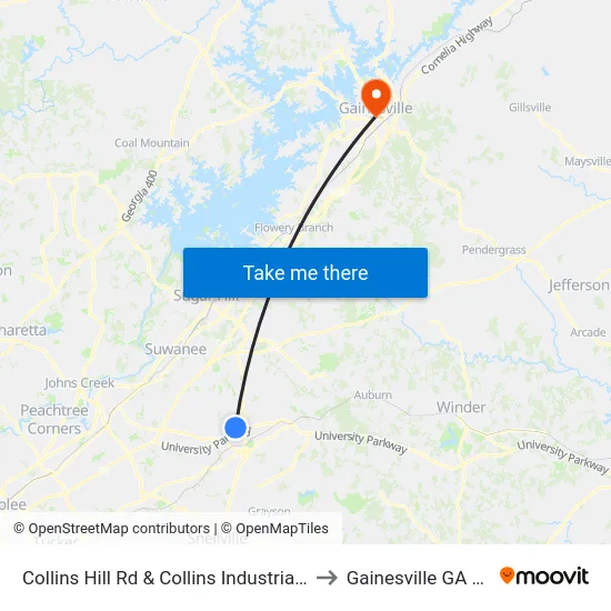 Collins Hill Rd & Collins Industrial Way to Gainesville GA USA map