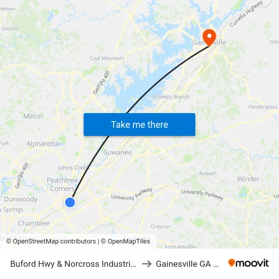 Buford Hwy & Norcross Industrial Ct to Gainesville GA USA map