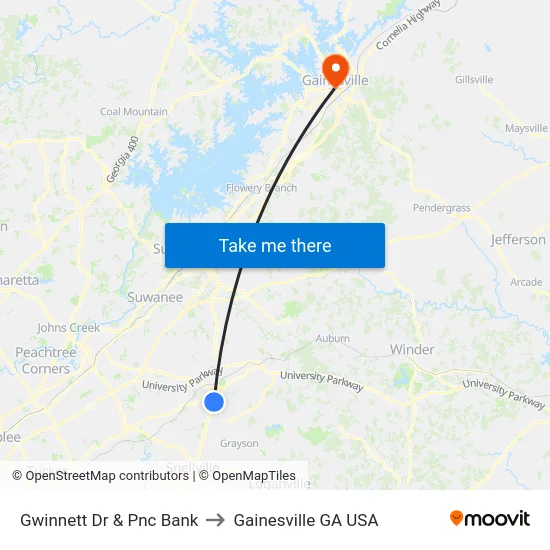 Gwinnett Dr & Pnc Bank to Gainesville GA USA map
