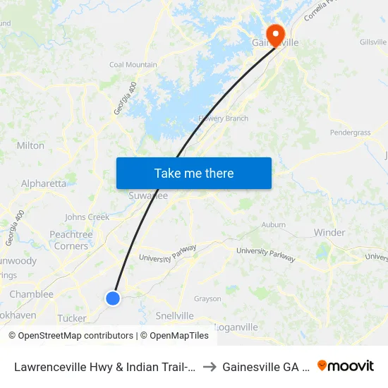 Lawrenceville Hwy & Indian Trail-Lilburn to Gainesville GA USA map