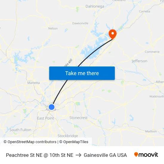 Peachtree St NE @ 10th St NE to Gainesville GA USA map
