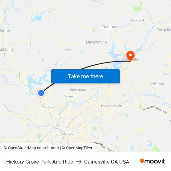 Hickory Grove Park And Ride to Gainesville GA USA map