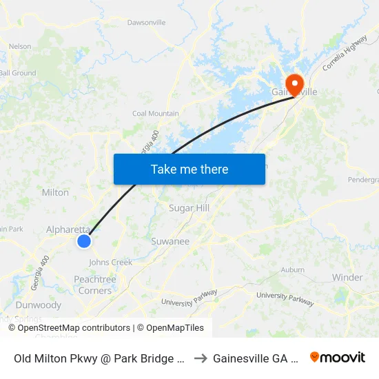 Old Milton Pkwy @ Park Bridge Pkwy to Gainesville GA USA map