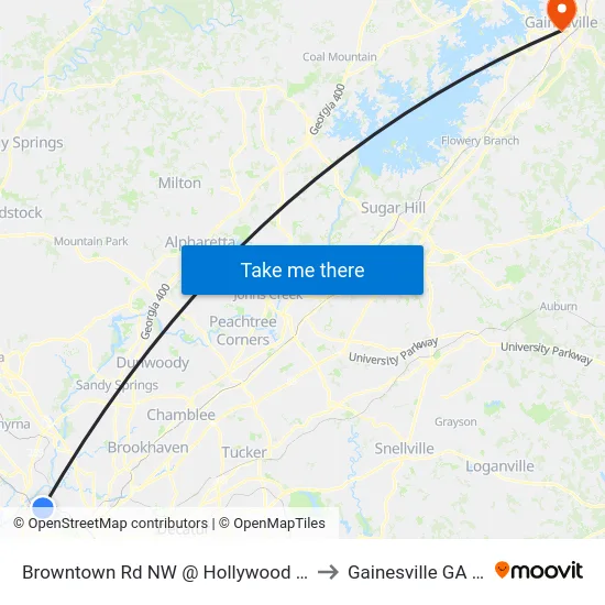 Browntown Rd NW @ Hollywood Rd NW to Gainesville GA USA map