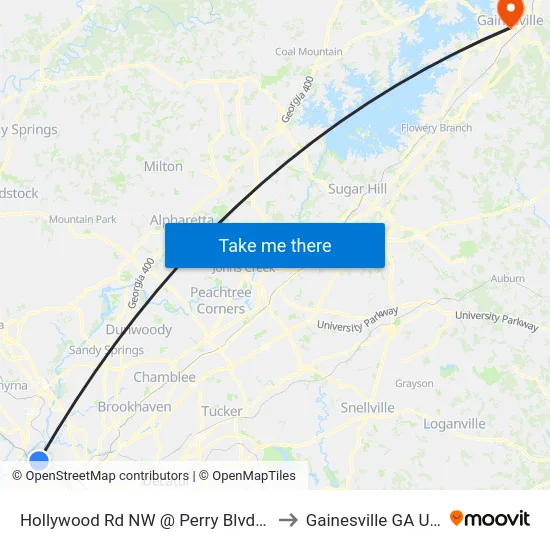 Hollywood Rd NW @ Perry Blvd NW to Gainesville GA USA map
