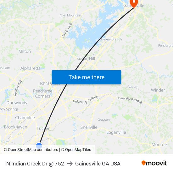 N Indian Creek Dr @ 752 to Gainesville GA USA map