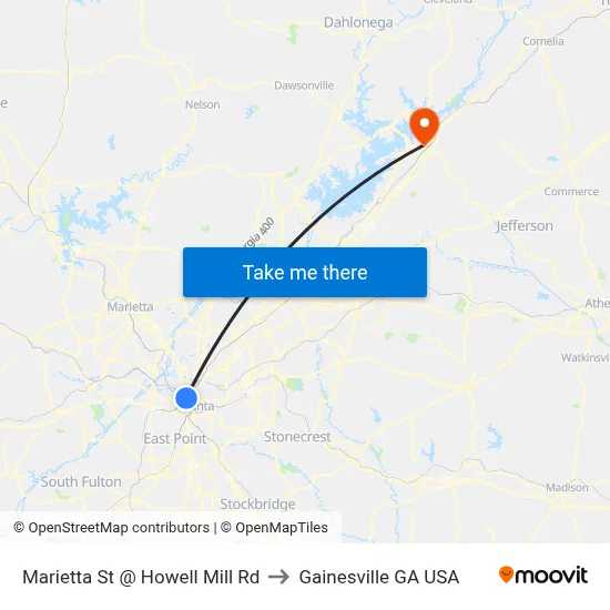 Marietta St @ Howell Mill Rd to Gainesville GA USA map