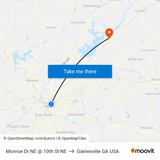 Monroe Dr NE @ 10th St NE to Gainesville GA USA map