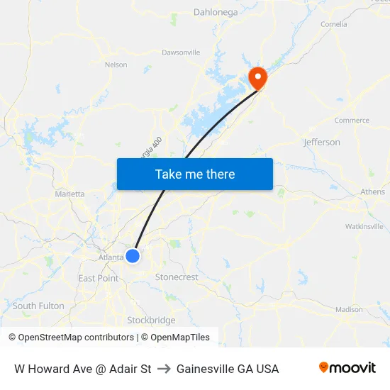 W Howard Ave @ Adair St to Gainesville GA USA map