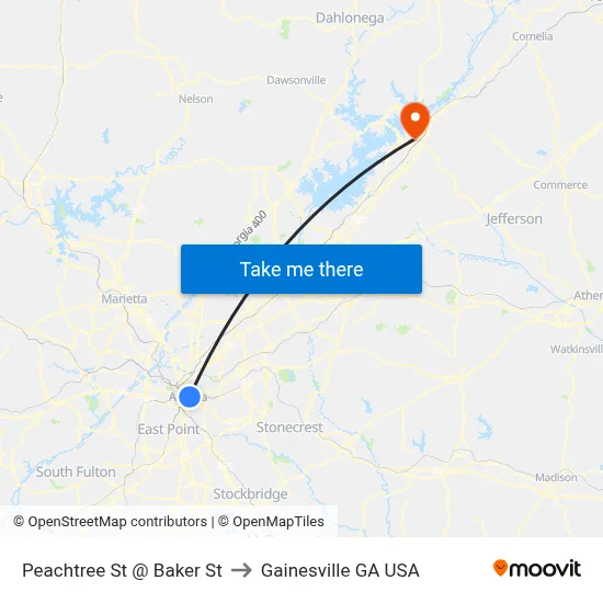 Peachtree St @ Baker St to Gainesville GA USA map