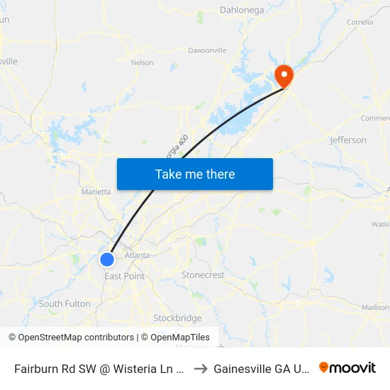 Fairburn Rd SW @ Wisteria Ln SW to Gainesville GA USA map