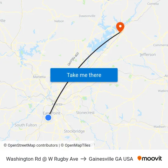 Washington Rd @ W Rugby Ave to Gainesville GA USA map