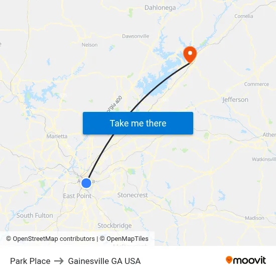 Park Place to Gainesville GA USA map