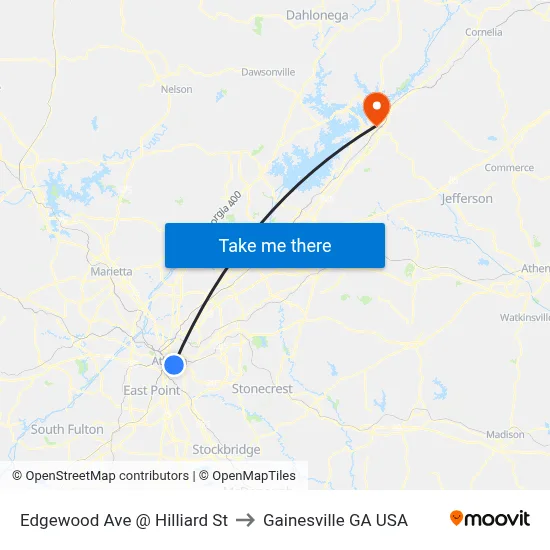 Edgewood Ave @ Hilliard St to Gainesville GA USA map