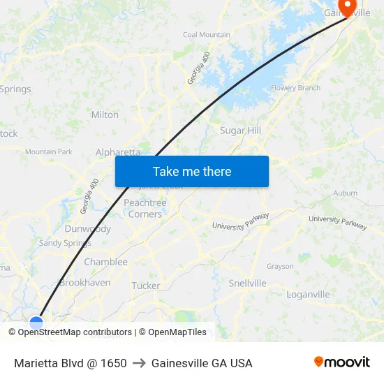 Marietta Blvd @ 1650 to Gainesville GA USA map