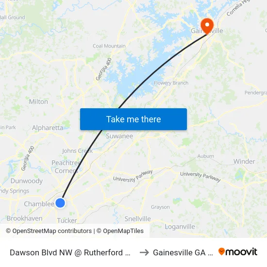Dawson Blvd NW @ Rutherford Glen Cir to Gainesville GA USA map