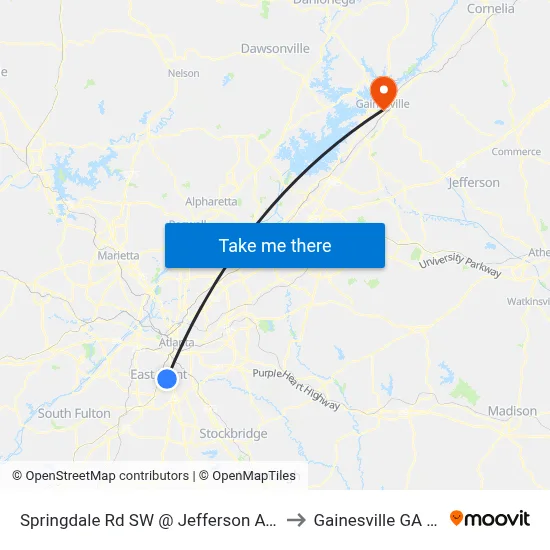 Springdale Rd SW @ Jefferson Ave SW to Gainesville GA USA map