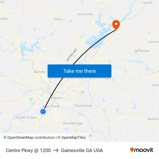 Centre Pkwy @ 1200 to Gainesville GA USA map