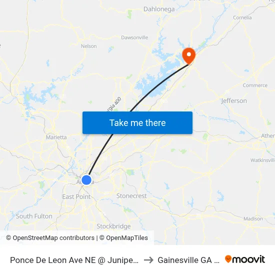 Ponce De Leon Ave NE @ Juniper St NE to Gainesville GA USA map