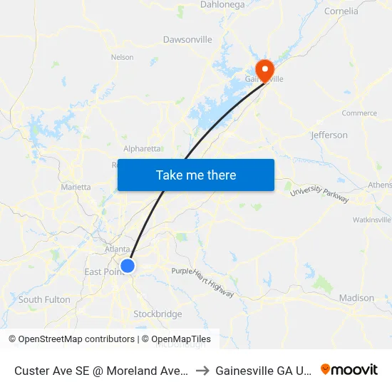Custer Ave SE @ Moreland Ave SE to Gainesville GA USA map