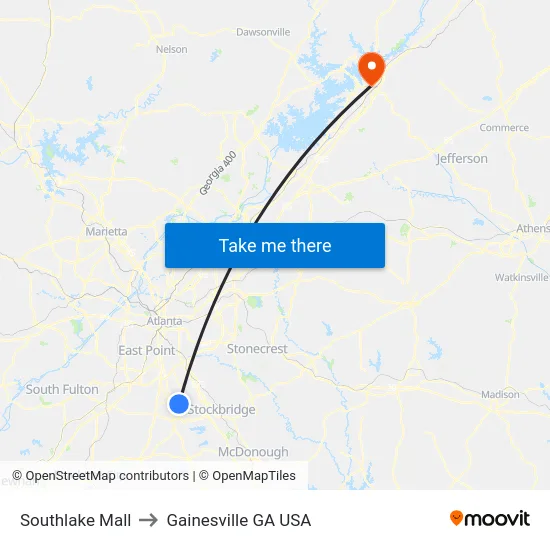 Southlake Mall to Gainesville GA USA map