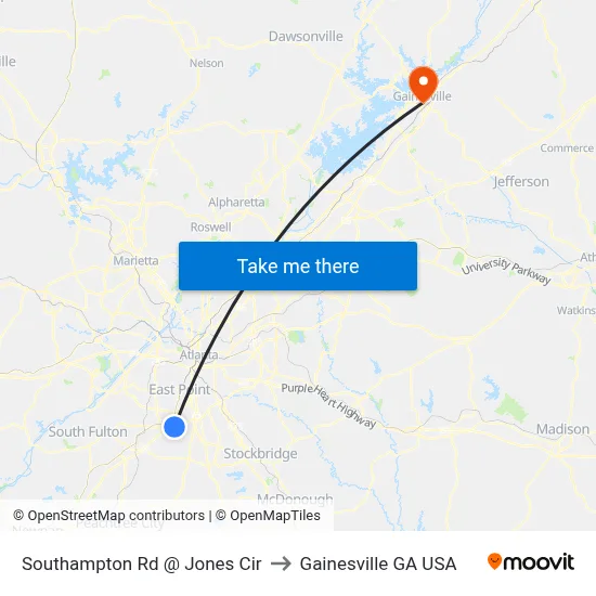 Southampton Rd @ Jones Cir to Gainesville GA USA map